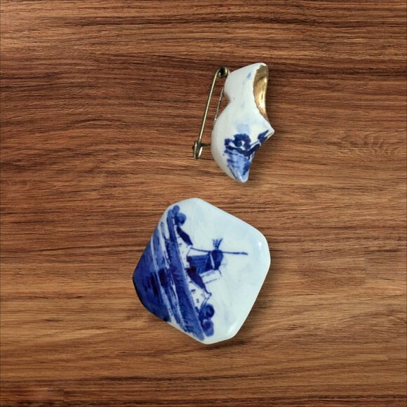 Blue & White Delft Holland Ceramic Windmill Pin Brooch Pair Rustic Charm - Picture 2 of 7